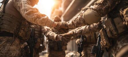 The Soldiers Uniting in Strength and Teamwork Under Dramatic Sunset Light photo