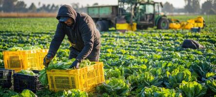 The diligent worker harvesting fresh lettuce in a vibrant green field. photo