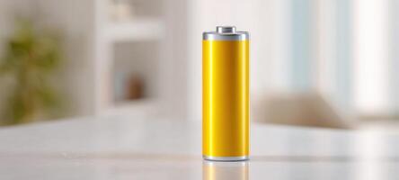 The vibrant yellow battery standing alone on a modern table. photo