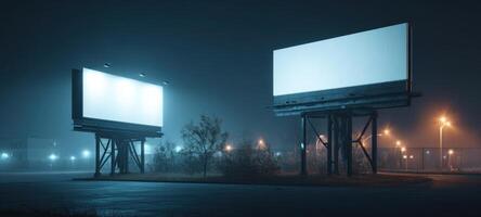 The empty billboards in a foggy night scene with urban lighting. photo