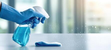 The cleaning process utilizing spray and cloth for a spotless surface. photo