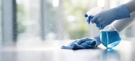 The cleaning process with disinfectant spray and microfiber cloth on a surface. photo