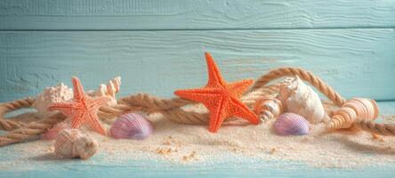 The vibrant starfish and seashells arranged on sandy beach background. photo