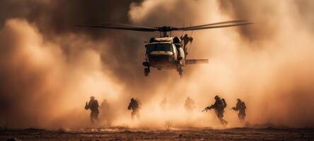 The helicopter hovers dramatically over soldiers advancing through a dust-filled landscape. photo