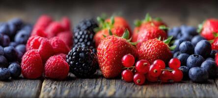 The vibrant assortment of fresh berries on a rustic wooden surface. photo