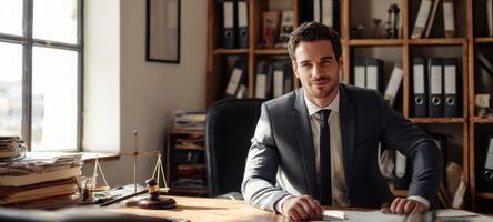 The lawyer seated at a desk in a modern office setting. photo