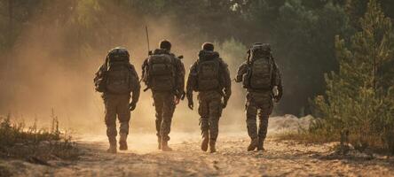 The soldiers marching forward in a dusty, sunlit wilderness setting. photo
