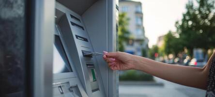 The ATM and a Hand Inserting a Card for Financial Transaction. photo
