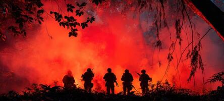 The silhouettes of firefighters battling a raging wildfire under a fiery sky. photo
