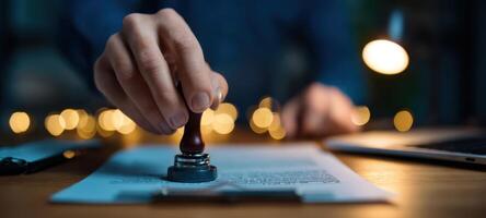 The Hand Applying a Stamp to a Document on a Desk with Soft Lighting photo