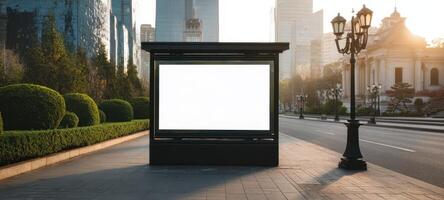 The blank advertisement space at a modern city bus stop during sunrise. photo