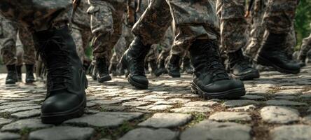 The soldiers marching in formation with black boots on cobblestone ground. photo
