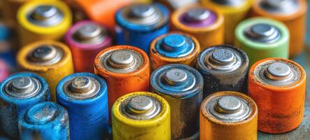 The vibrant assortment of used batteries showcasing color and texture diversity. photo