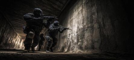 The soldiers executing a tactical operation in an underground environment. photo