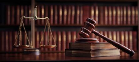 The gavel resting on law books in a classic legal setting. photo