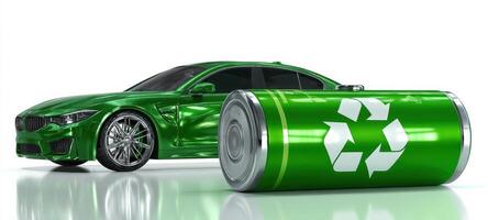 The green car and battery symbolizing sustainable energy and eco-friendly transportation solutions. photo