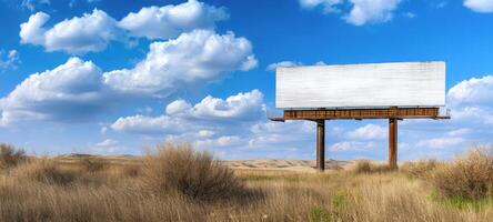 The blank billboard standing tall in a serene landscape under a vibrant sky. photo