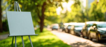 The blank canvas on an easel in a serene urban setting. photo