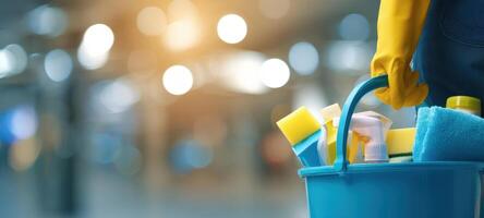 The vibrant cleaning bucket filled with supplies ready for sanitation tasks. photo