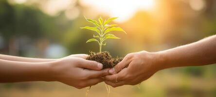 The moment of connection, sharing a young plant between caring hands. photo