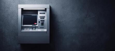 The ATM against a textured wall in a modern banking environment. photo