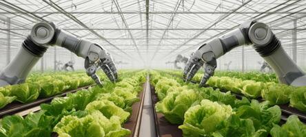 The robotic arms carefully harvesting fresh lettuce in a modern greenhouse. photo