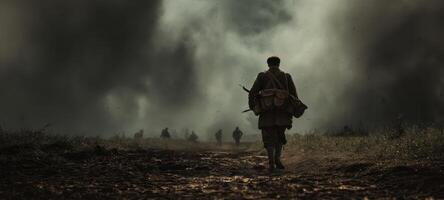 The solitary soldier walking through a smoky battlefield at dusk. photo