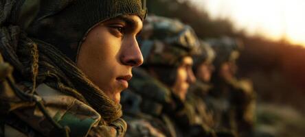 The soldier in profile showcasing focus and determination during training at sunset. photo