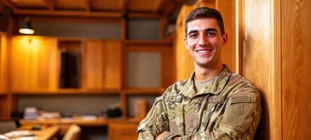 The confident soldier posing in military uniform within a cozy office setting. photo