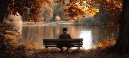 The tranquil man sitting alone on a bench by the serene lake. photo