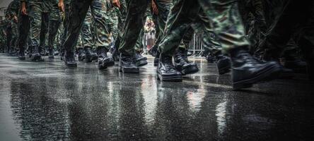The soldiers marching in formation on a rainy parade day. photo