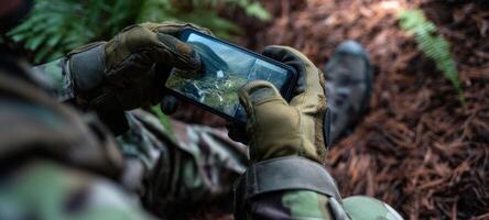 The soldier using a smartphone for navigation in a forest setting. photo