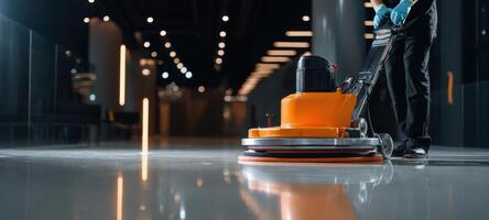 The professional floor cleaning machine in action enhancing the office space. photo