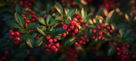 The vibrant red berries nestled among lush green leaves in nature. photo