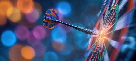 The dart hitting the bullseye with vibrant colors and exciting bokeh effects. photo