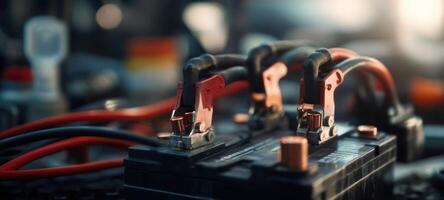 The intricate details of a battery connection with charging cables and connectors. photo
