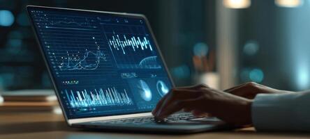 The modern laptop displaying advanced data analytics in an elegant workspace. photo