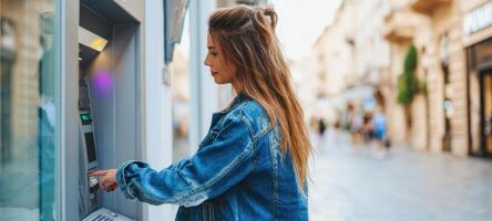 The woman using an ATM in a lively urban setting. photo