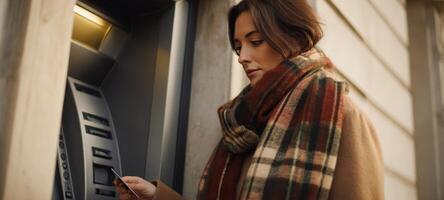 The woman using an ATM in a stylish urban setting during winter. photo