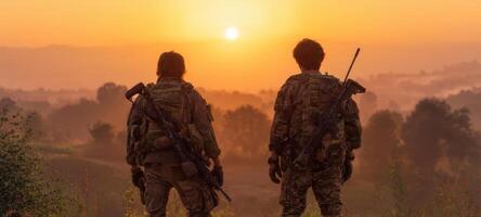 The Soldiers Standing Together at Sunset Amidst a Serene Landscape. photo