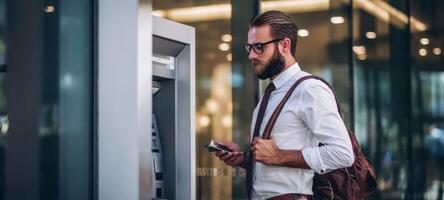 The professional businessman using an ATM in a modern urban environment. photo
