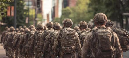 The soldiers marching together in formation through an urban landscape photo