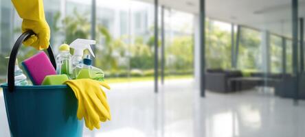 The cleaning supplies ready for efficient home or office maintenance. photo