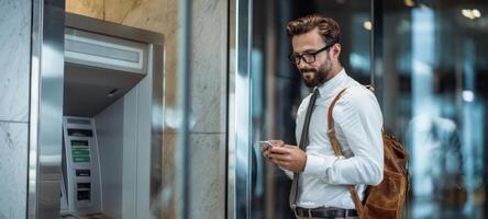The businessman using a smartphone at an ATM in a modern office setting. photo