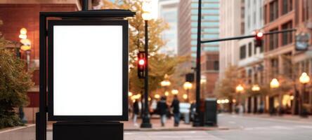 The Blank Billboard at the Urban Bus Stop in a Bustling City Environment photo