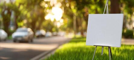 The empty easel awaiting artistic expression in a serene outdoor setting. photo
