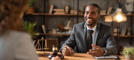 The lawyer providing expert legal advice during a client consultation in a modern office setting. photo