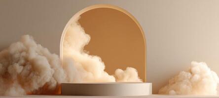 The dreamy stage with soft clouds and elegant archway in minimalistic setting. photo