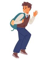 Smiling school boy in uniform with backpack running to school and waving flat illustration isolated on white. vector
