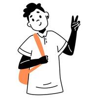 African American school boy with backpack showing peace gesture line minimalistic illustration isolated on white. vector